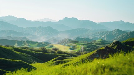 Obraz premium Green Landscape and Golf Course Surrounded by Mountains and Clear Sky
