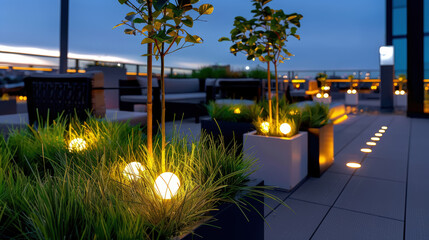 terrasse avec canapé en rooftop arborée et éclairée de multiples lampes LED