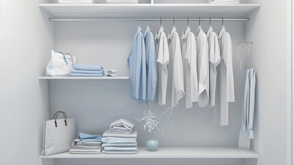 Modern wardrobe setup featuring neatly arranged clothing and accessories, showcasing a minimalistic and organized approach to wardrobe design with stylish storage solutions