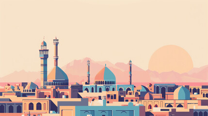 Risograph vibrant riso print travel poster, card, wallpaper or banner illustration, modern, isolated, clear, simple of Yazd, Iran