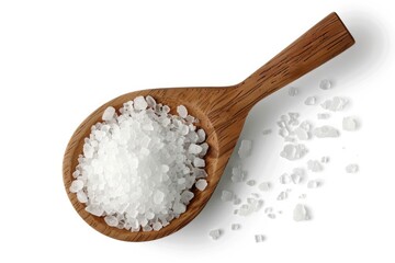 A wooden spoon filled with sea salt on a white surface, ideal for cooking or as a decorative item