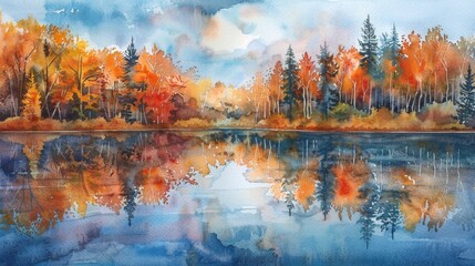 Obraz premium Serene watercolor of a lake mirroring the autumnal forest around it.