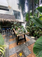 table and chairs in garden