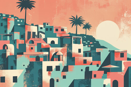 Risograph halftone riso print travel poster, card, wallpaper or banner illustration, modern, isolated, clear, simple of Zahle, Lebanon