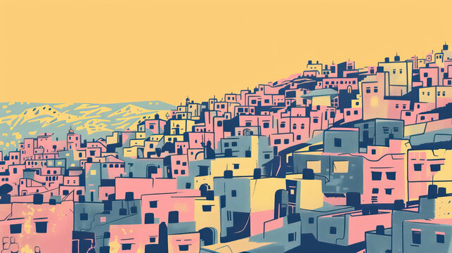 Risograph artistic riso print travel poster, card, wallpaper or banner illustration, modern, isolated, clear, simple of Zarqa, Jordan