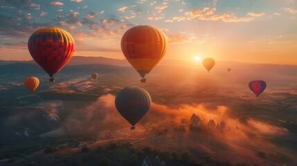 Obraz premium Colorful hot air balloons rising at dawn, perfect for vibrant and adventurous transport themes.