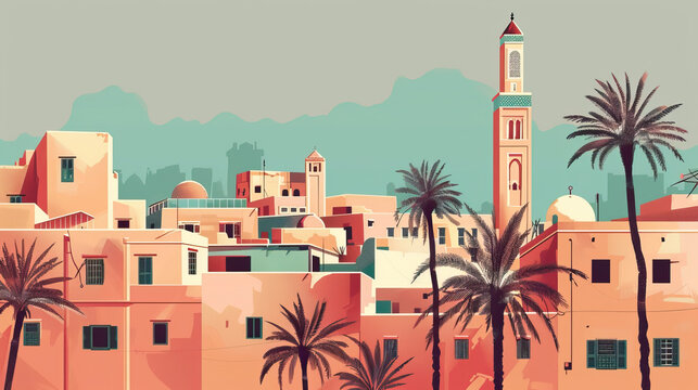Risograph current riso print travel poster, card, wallpaper or banner illustration, modern, isolated, clear, simple of Zawiya, Libya. Artistic, screen printing, retro, vintage