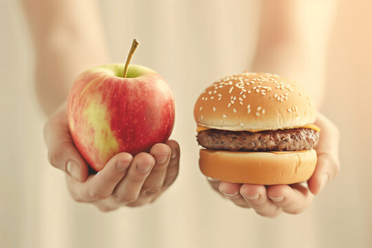 Hands holding an apple and a hamburger: contrasting healthy organic fruit with unhealthy processed fast food, nutrition lifestyle choices, fitness diet balance, wellness eating dec