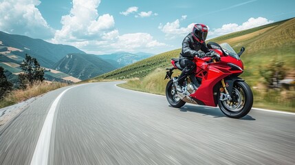 Man riding a red motorcycle on a well-paved road in a scenic inland area.