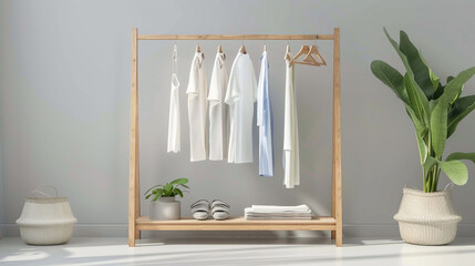 Modern wardrobe setup featuring neatly arranged clothing and accessories, showcasing a minimalistic and organized approach to wardrobe design with stylish storage solutions