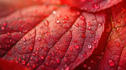 Fototapeta premium Close-up of vibrant red leaves with dewdrops. Macro photography capturing natural textures and tranquility, ideal for nature and botanical themes.