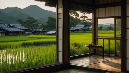 A view of a rice field from a window.