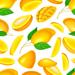 Fresh Mango Seamless Pattern Design with Bright Tropical Food Vector Template