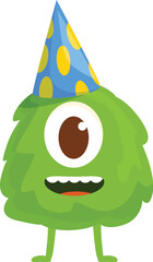 Smiling green one eyed monster wearing a blue party hat with yellow dots