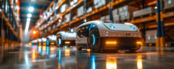 Row of autonomous robots working in a high-tech warehouse environment