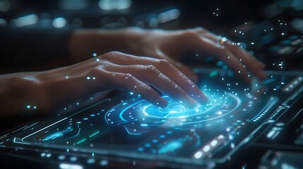 "Hands typing on an advanced futuristic keyboard in close-up, great for tech reviews and digital workspace imagery"
