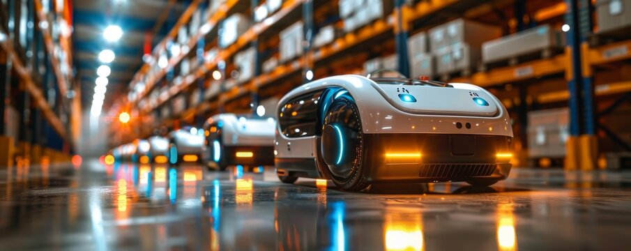 Row of autonomous robots working in a high-tech warehouse environment