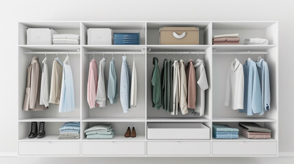 Modern wardrobe setup featuring neatly arranged clothing and accessories, showcasing a minimalistic and organized approach to wardrobe design with stylish storage solutions