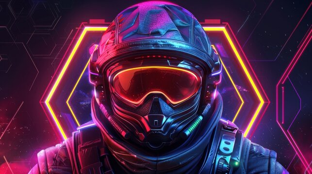 Animated sci-fi neon game rank avatar with a metal hexagon frame, featuring futuristic design elements and vibrant colors, perfect for a modern gaming interface.