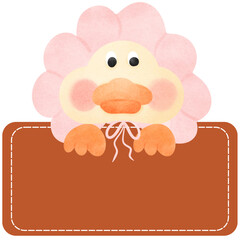 A duck in a pink hat is peeking on the text box.