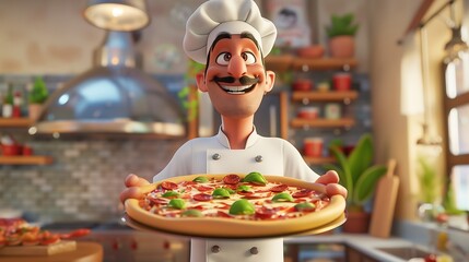 "Cheerful cartoon chef holding a large delicious dish, perfect for restaurant logos and culinary advertisements"
