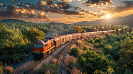 Freight train passing through a rural area, essential for cargo and logistics themes.