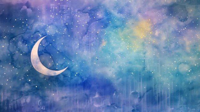 A watercolor painting of a crescent moon shining brightly in a dark blue night sky. Thousands of white stars twinkle throughout the painting.