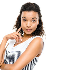 Woman, portrait and hand with thinking in studio for condescending, attitude and satisfaction....