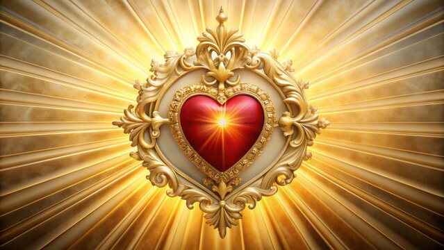 Softly lit, serene background with ornate golden frame, featuring a compassionate, sacred heart emitting radiant white and crimson light.