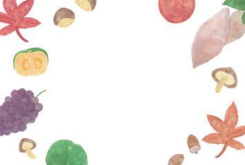 秋らしい水彩の落ち葉と食べ物のフレーム