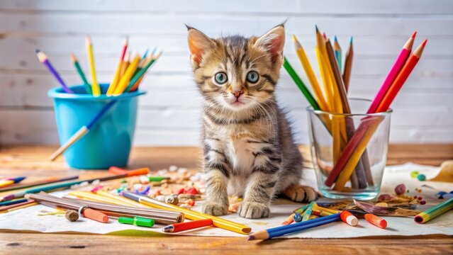 A playful kitten surrounded by scattered papers and pencils appears to have knocked over a jar of colorful paintbrushes accidentally. - Powered by Adobe