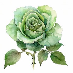 Fototapeta premium Watercolor Green Rose Isolated on White Background. Beautiful Rose Flower