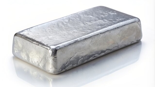 Gleaming silver-gray ingot of rare indium metal isolated on white background with subtle reflection and soft shadows accentuating texture.