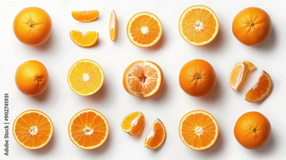 Aufkleber isolated assortment of whole and sliced oranges on white background
