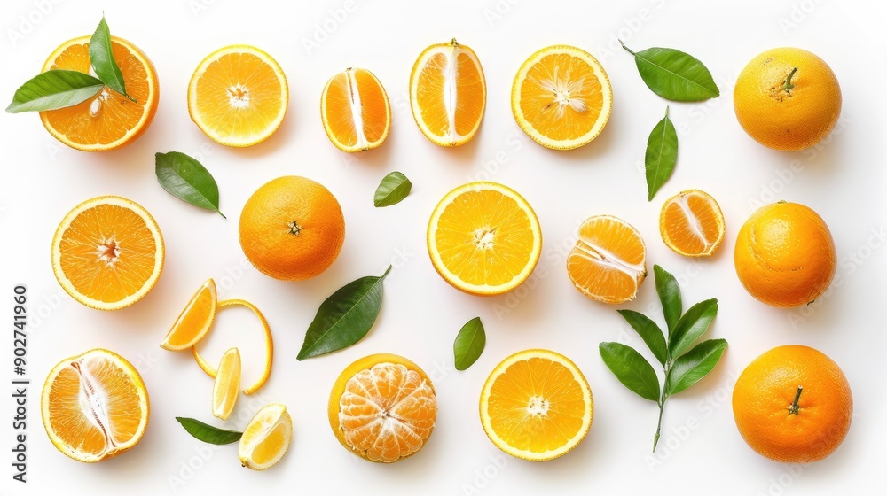 Poster isolated assortment of whole and sliced oranges on white background