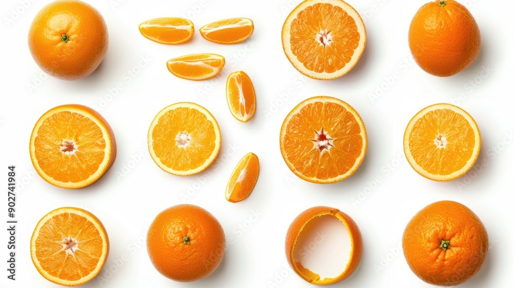 Poster Isolated assortment of whole and sliced oranges on white background