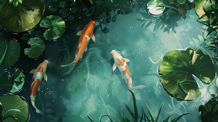 Koi fish swimming in the pond. Top view illustration