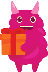 Cute pink cartoon monster holding an orange gift box with a red ribbon, perfect for birthday greetings and celebrations