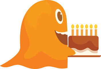 Happy orange monster holding a delicious birthday cake with burning candles