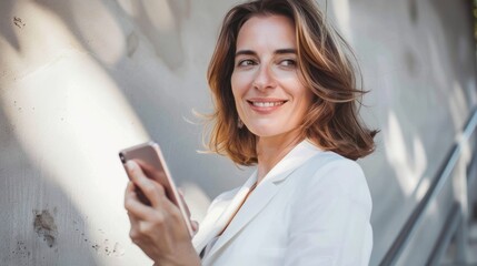 Professional woman using smartphone, smiling, outside.