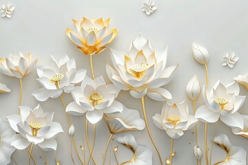 Fototapeta premium Elegant White Lotus Flowers Bloom with Golden Accents on a Serene Background