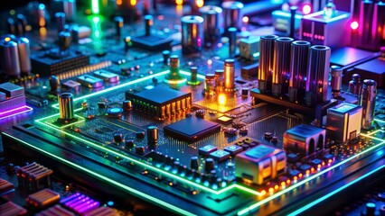 High-tech digital motherboard with intricate electronic circuits and microchips illuminated by colorful LED lights in a dark laboratory environment.