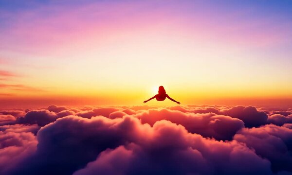 Person skydiving above clouds during a vibrant sunset, creating a breathtaking silhouette against bold and colorful sky