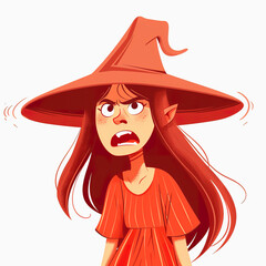 Angry Red-Haired Witch with Large Hat and Flaring Nostrils