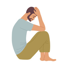Sad man is sitting on floor with his head in his hands. Man experiencing headache, migraines, stress, depression. Suffering of Ache, Stress, Pain or Migraine Frustration. Flat vector illuctration.