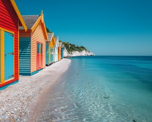 Obraz premium Colorful Beach Huts in Idyllic Coastal Landscape with Calm Azure Waters