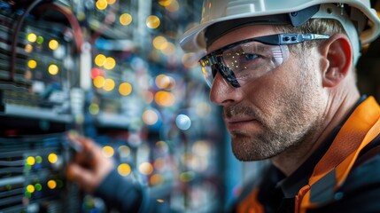 A system engineer wearing safety glasses and a hard hat, focusing intently on a complex control panel in a data center environment.