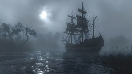 A ghost ship sailing through foggy waters under a dark sky halloween day
