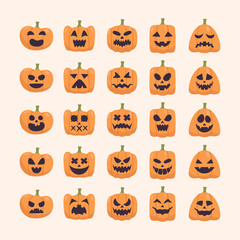 Set of Different Faces Halloween Pumpkin Illustrations