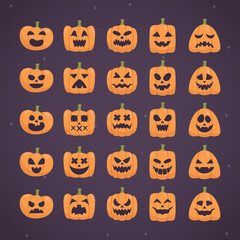 Set of Different Faces Halloween Pumpkin Illustration on black background